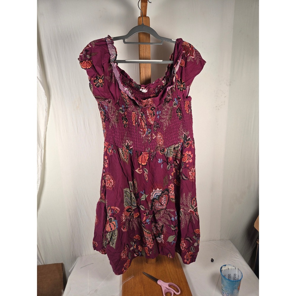 Maurices Plum Purple Floral Smocked Boho Mini Dress Rayon Women Size L